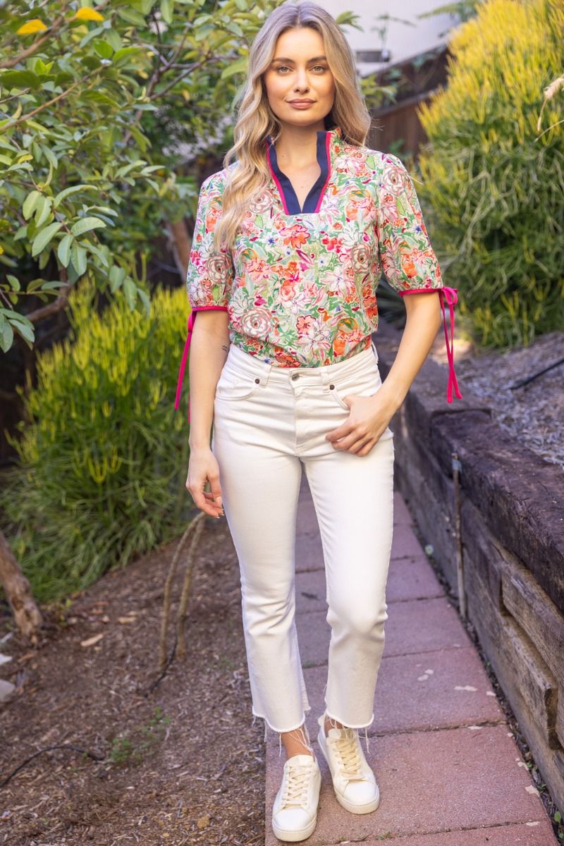 Contrast Placket Floral Puff Sleeve Top - Lush Lemon - Women's Clothing - Voy - 55938841015677