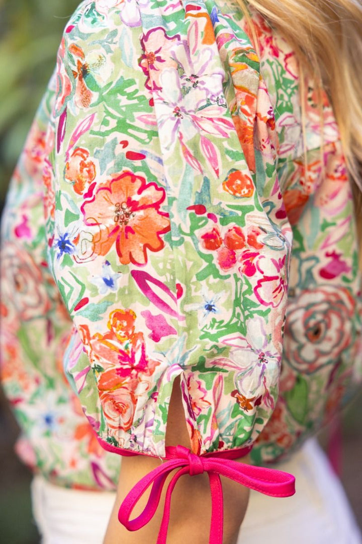 Contrast Placket Floral Puff Sleeve Top - Lush Lemon - Women's Clothing - Voy - 55938841015677