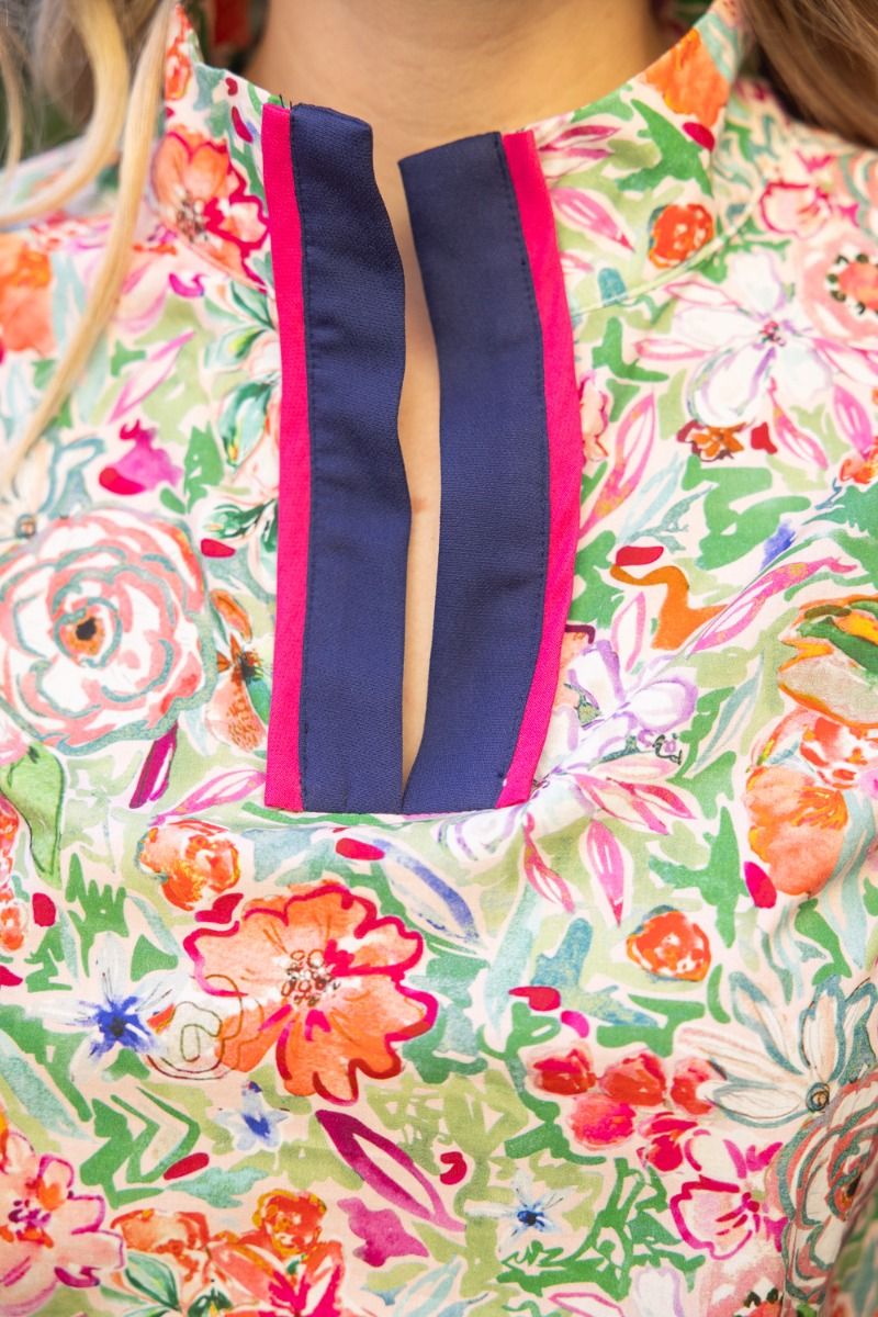 Contrast Placket Floral Puff Sleeve Top - Lush Lemon - Women's Clothing - Voy - 55938841015677