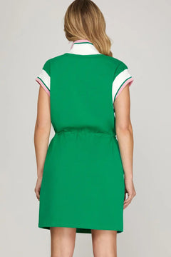 Contrast Rib Band Half Zip Drawstring Mini Dress - Lush Lemon - Women&