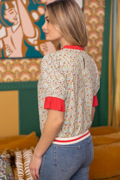 Contrast Ruffle Striped Band Floral Top - Lush Lemon - Women&