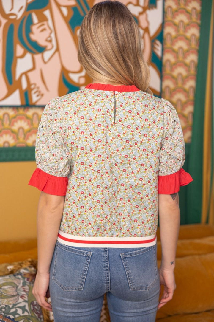 Contrast Ruffle Striped Band Floral Top - Lush Lemon - Women's Clothing - Voy - 95685931029053