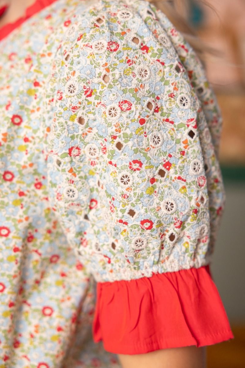 Contrast Ruffle Striped Band Floral Top - Lush Lemon - Women's Clothing - Voy - 95685931029053