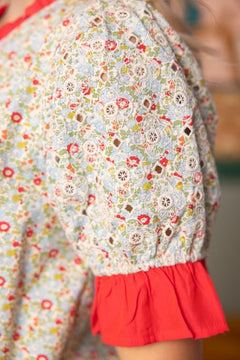 Contrast Ruffle Striped Band Floral Top - Lush Lemon - Women&