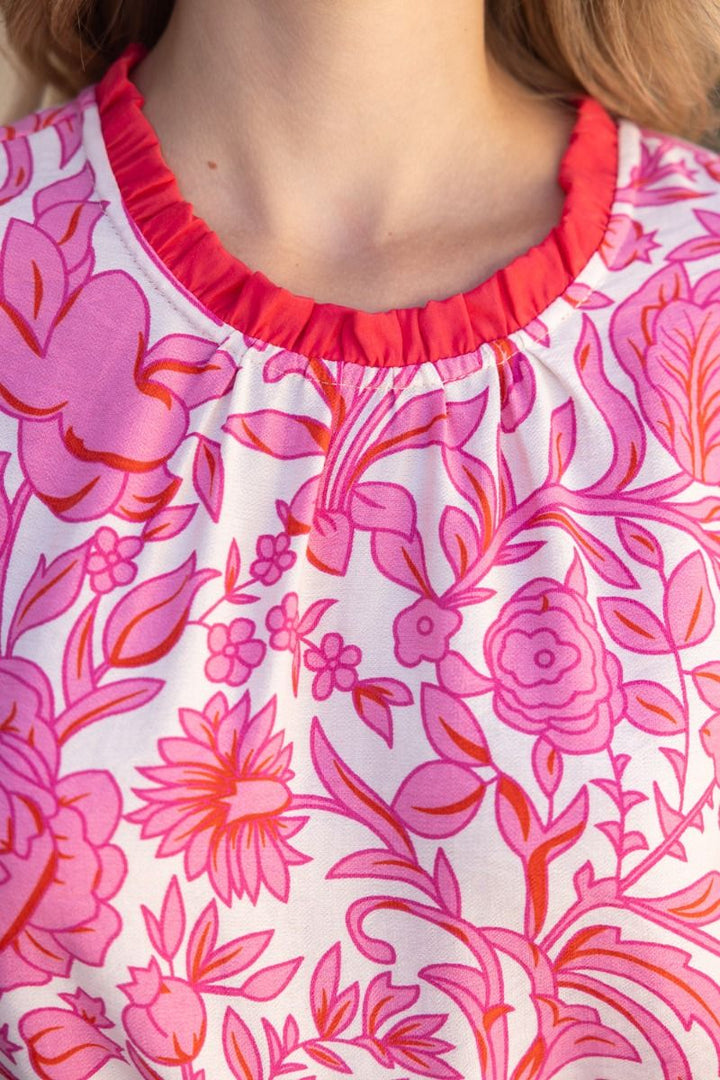 Contrast Ruffled Detailed Floral Print Top - Lush Lemon - Women's Clothing - Voy - 69485661042877