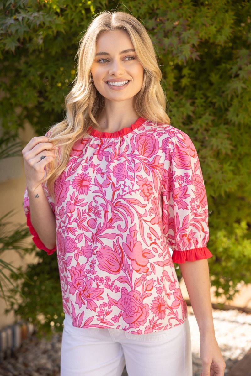 Contrast Ruffled Detailed Floral Print Top - Lush Lemon - Women's Clothing - Voy - 69485661042877