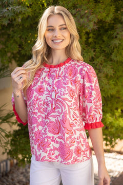 Contrast Ruffled Detailed Floral Print Top - Lush Lemon - Women&