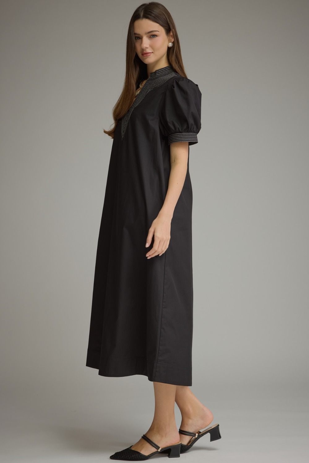 Contrast Stitch Puff Sleeve Midi Dress - Lush Lemon - Women's Clothing - Entro - 35202971020029
