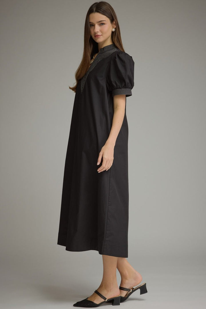 Contrast Stitch Puff Sleeve Midi Dress - Lush Lemon - Women's Clothing - Entro - 35202971020029