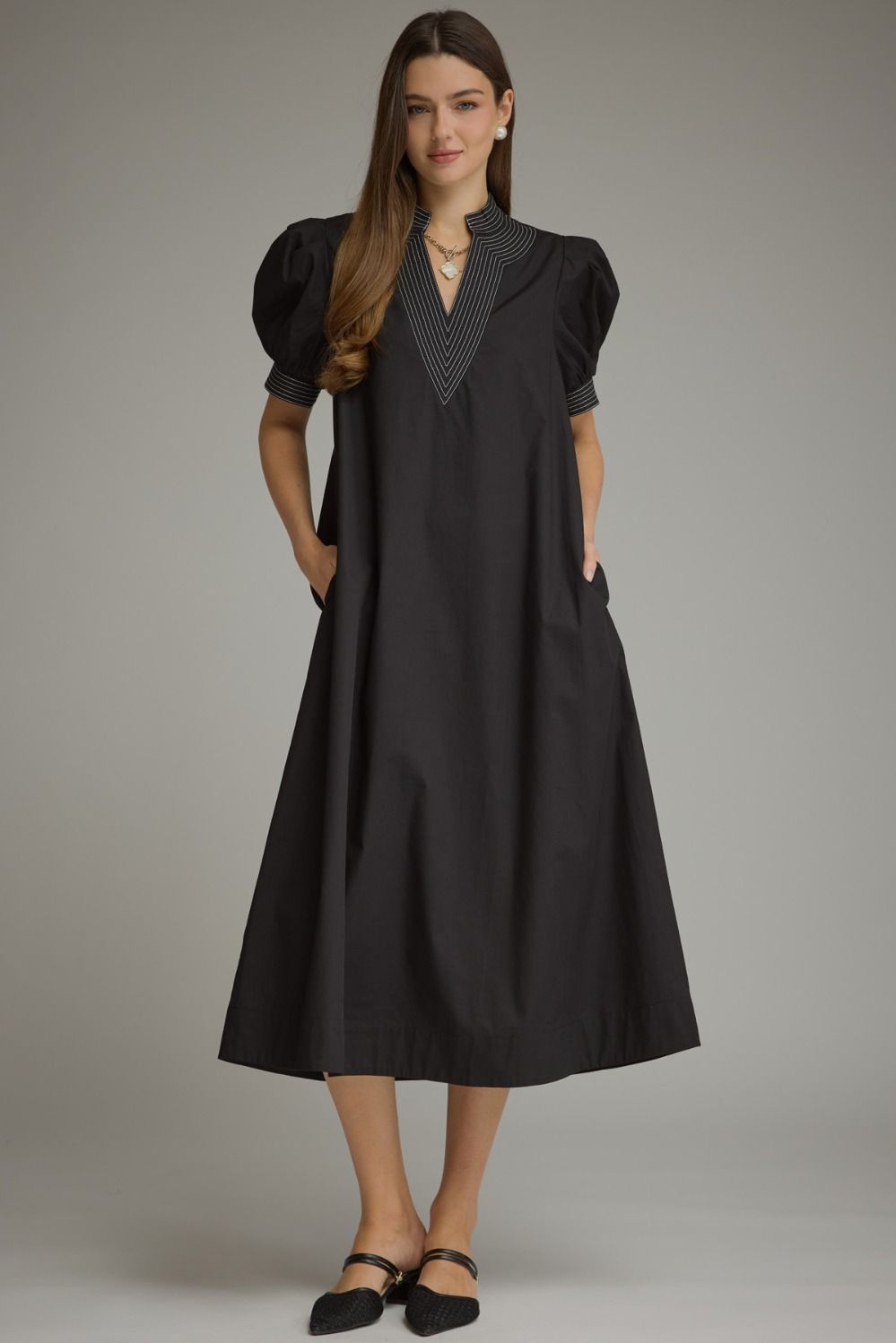 Contrast Stitch Puff Sleeve Midi Dress - Lush Lemon - Women's Clothing - Entro - 35202971020029