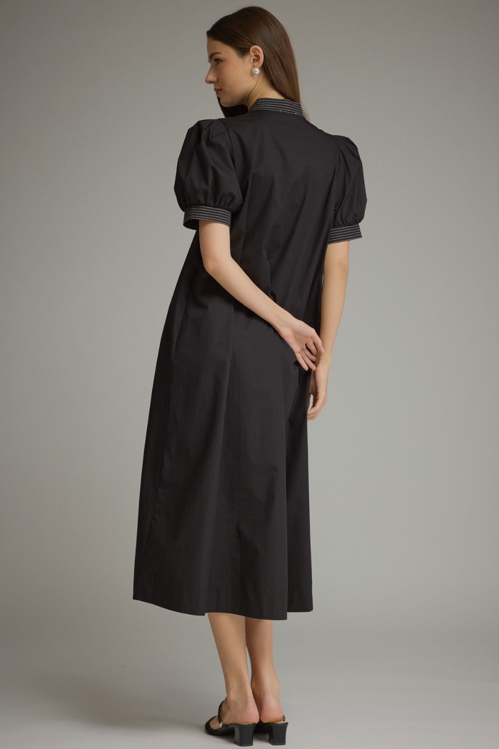 Contrast Stitch Puff Sleeve Midi Dress - Lush Lemon - Women's Clothing - Entro - 35202971020029