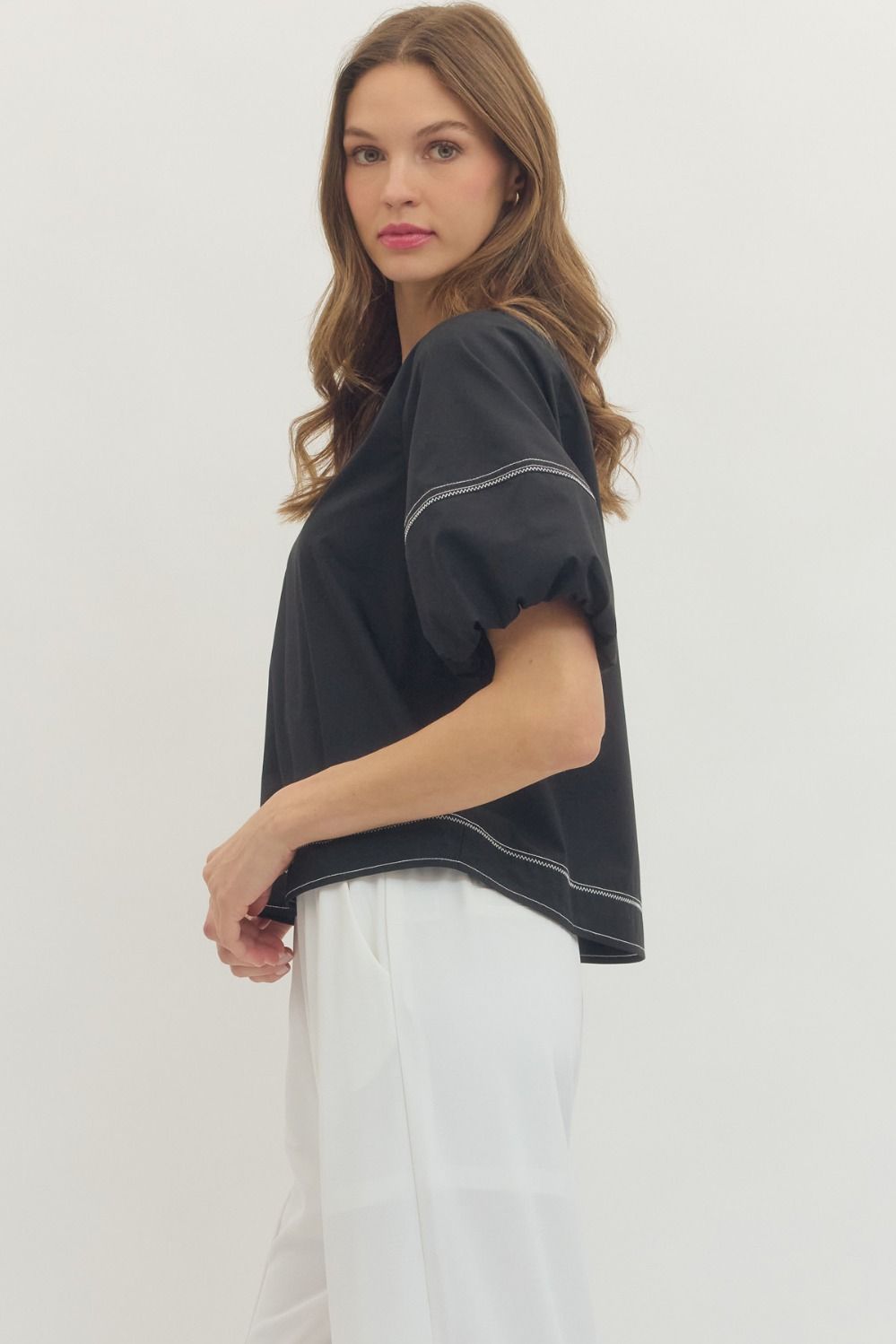 Contrast Stitch Puff Sleeve Top - Lush Lemon - Women's Clothing - Entro - 22219471078557