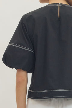 Contrast Stitch Puff Sleeve Top - Lush Lemon - Women&