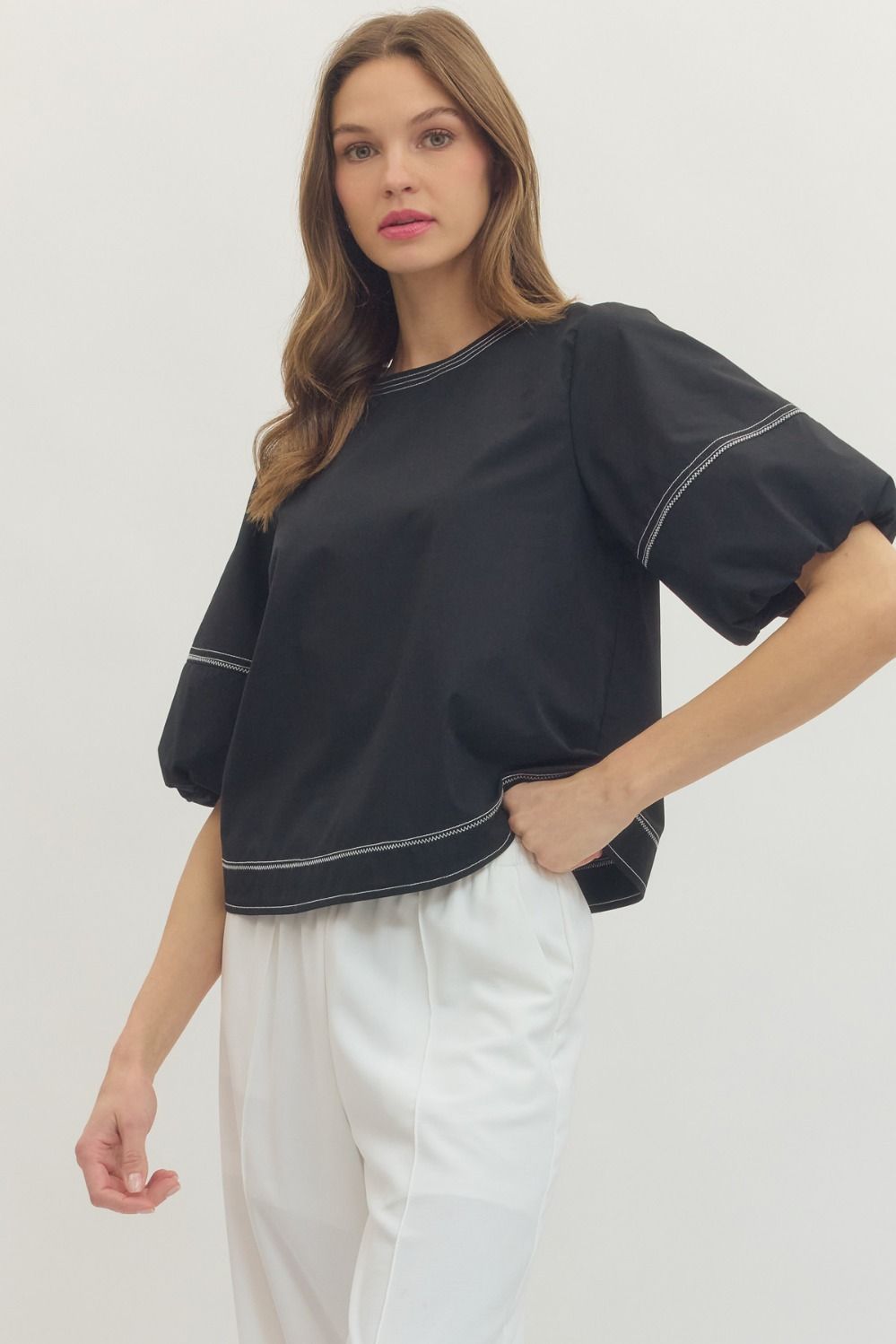 Contrast Stitch Puff Sleeve Top - Lush Lemon - Women's Clothing - Entro - 22219471078557