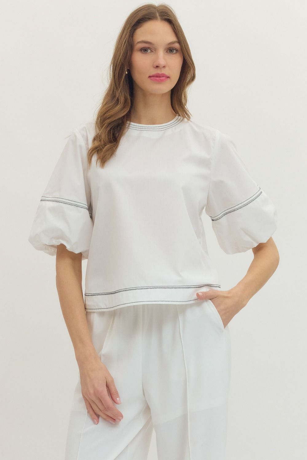 Contrast Stitch Puff Sleeve Top - Lush Lemon - Women's Clothing - Entro - 22219471376861