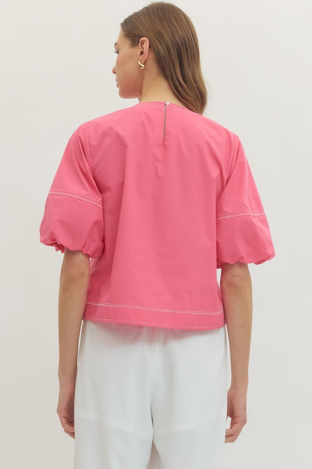 Contrast Stitch Puff Sleeve Top - Lush Lemon - Women's Clothing - Entro - 22219471675165