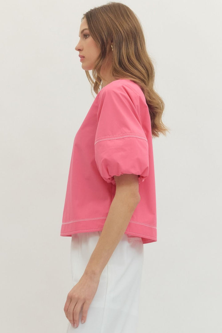 Contrast Stitch Puff Sleeve Top - Lush Lemon - Women's Clothing - Entro - 22219471675165