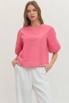 Contrast Stitch Puff Sleeve Top - Lush Lemon - Women&