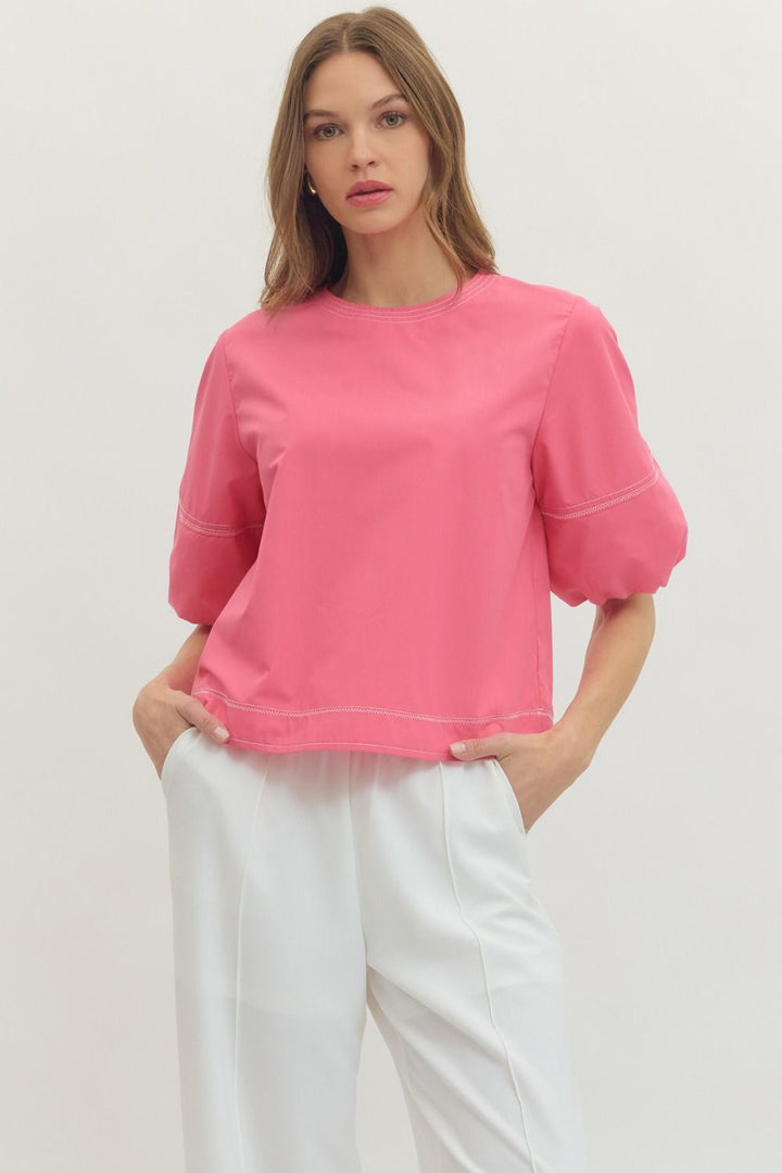 Contrast Stitch Puff Sleeve Top - Lush Lemon - Women's Clothing - Entro - 22219471675165