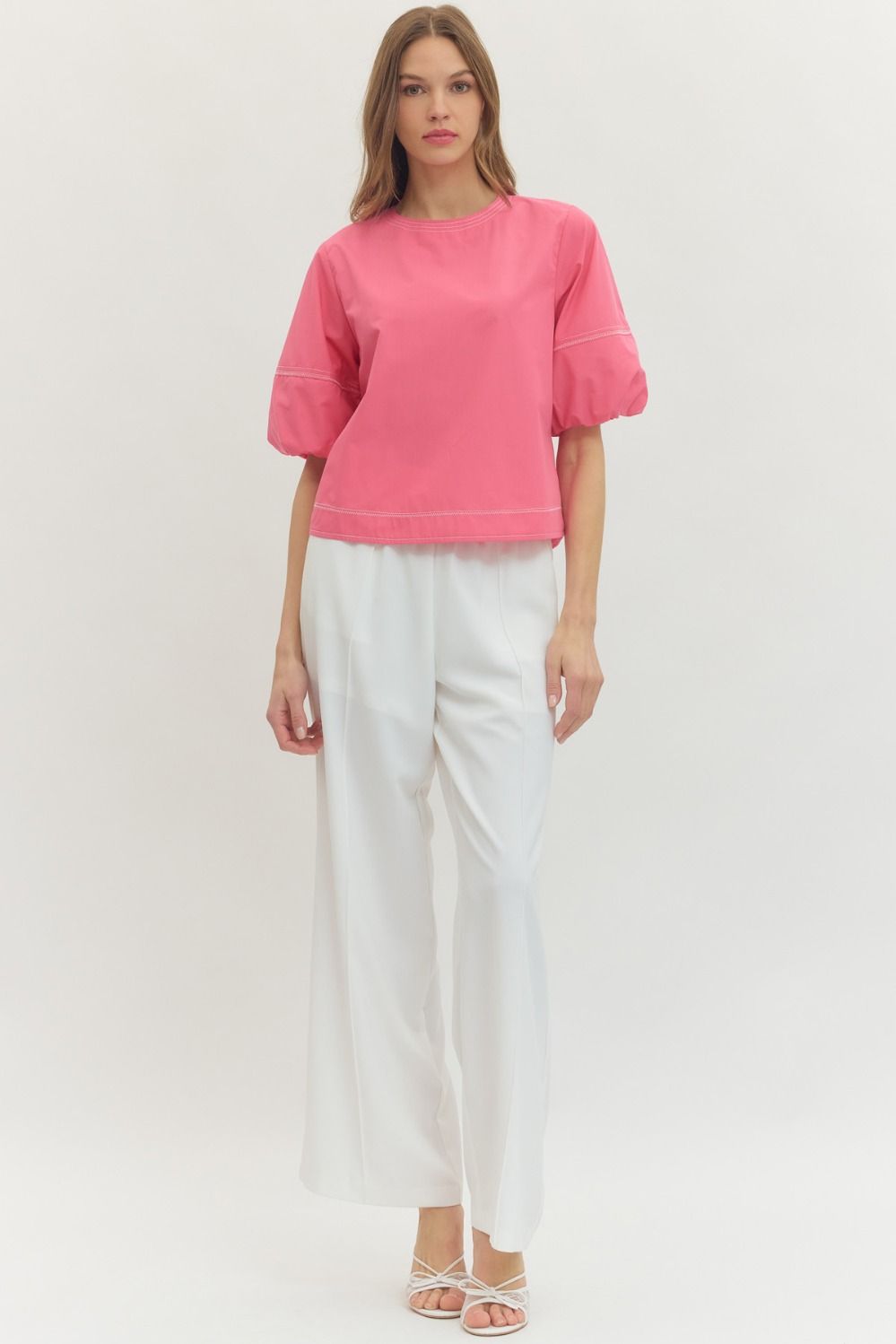 Contrast Stitch Puff Sleeve Top - Lush Lemon - Women's Clothing - Entro - 22219471675165