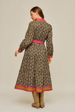 Contrast Trim Floral Tie Waist Maxi Dress - Lush Lemon - Women&