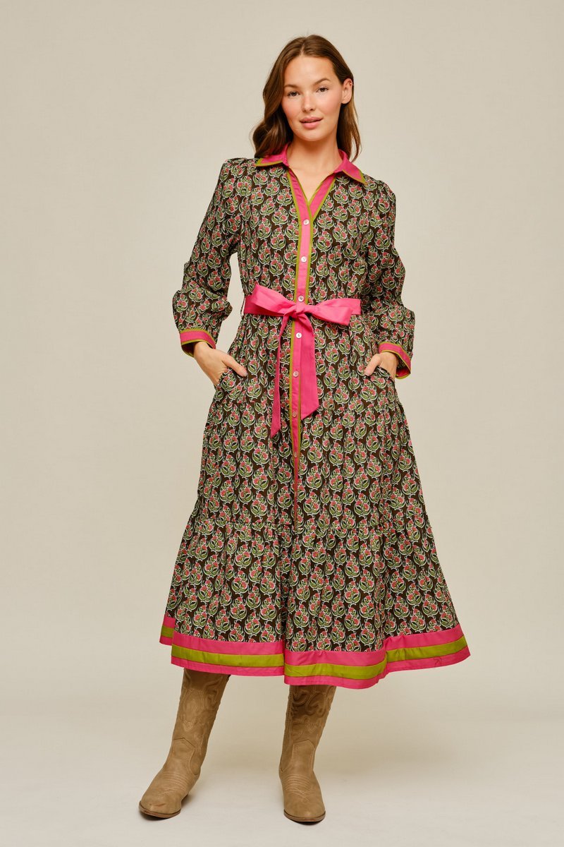 Contrast Trim Floral Tie Waist Maxi Dress - Lush Lemon - Women's Clothing - Jodifl - 34156671001565