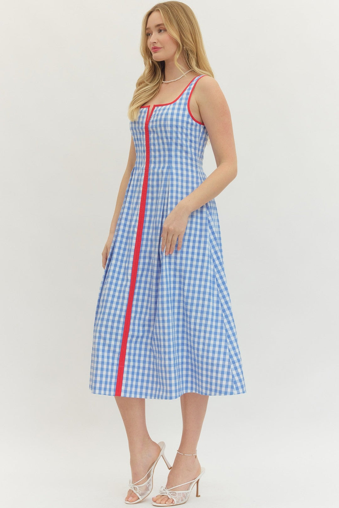 Contrast Trim Gingham Midi Dress - Lush Lemon - Women's Clothing - Entro - 56921191328285