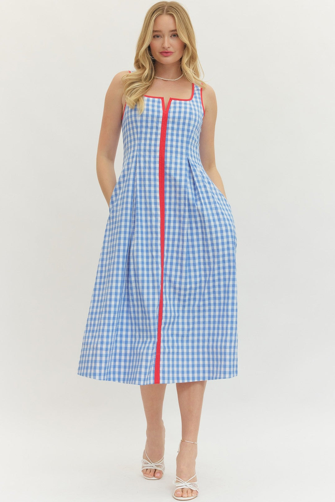 Contrast Trim Gingham Midi Dress - Lush Lemon - Women's Clothing - Entro - 56921191328285