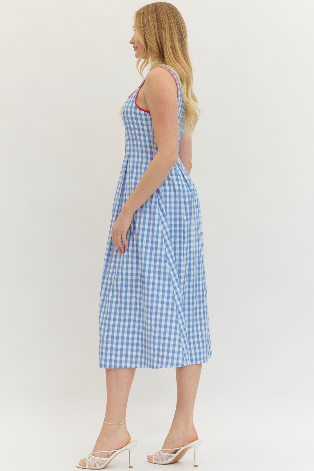 Contrast Trim Gingham Midi Dress - Lush Lemon - Women's Clothing - Entro - 56921191328285