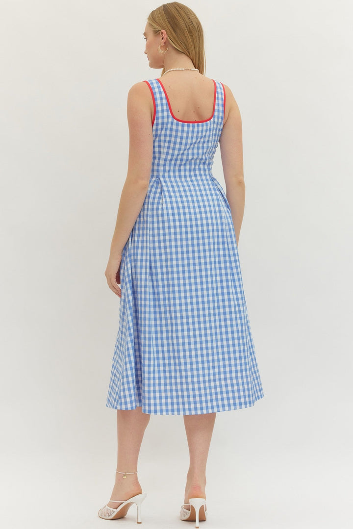 Contrast Trim Gingham Midi Dress - Lush Lemon - Women's Clothing - Entro - 56921191328285