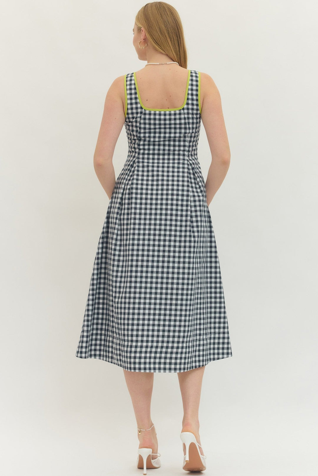 Contrast Trim Gingham Midi Dress - Lush Lemon - Women's Clothing - Entro - 93396001029469