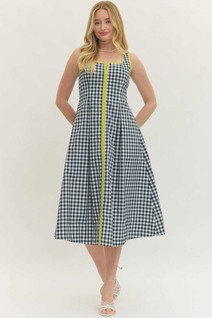Contrast Trim Gingham Midi Dress - Lush Lemon - Women's Clothing - Entro - 93396001029469