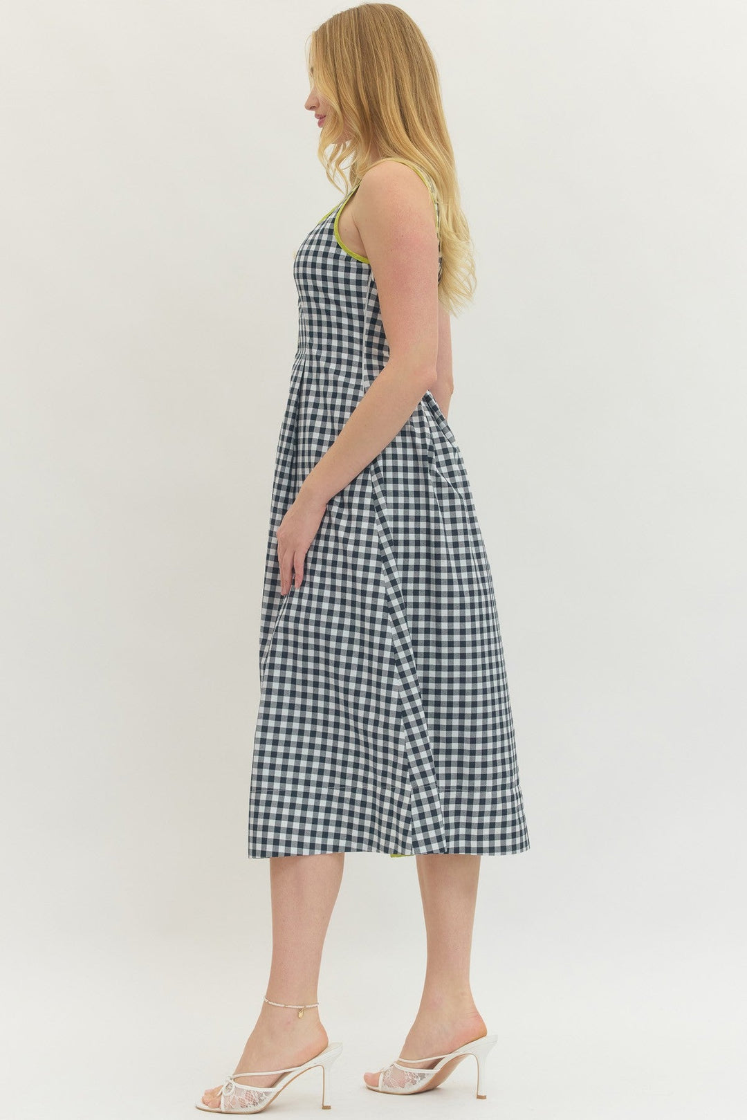 Contrast Trim Gingham Midi Dress - Lush Lemon - Women's Clothing - Entro - 93396001029469