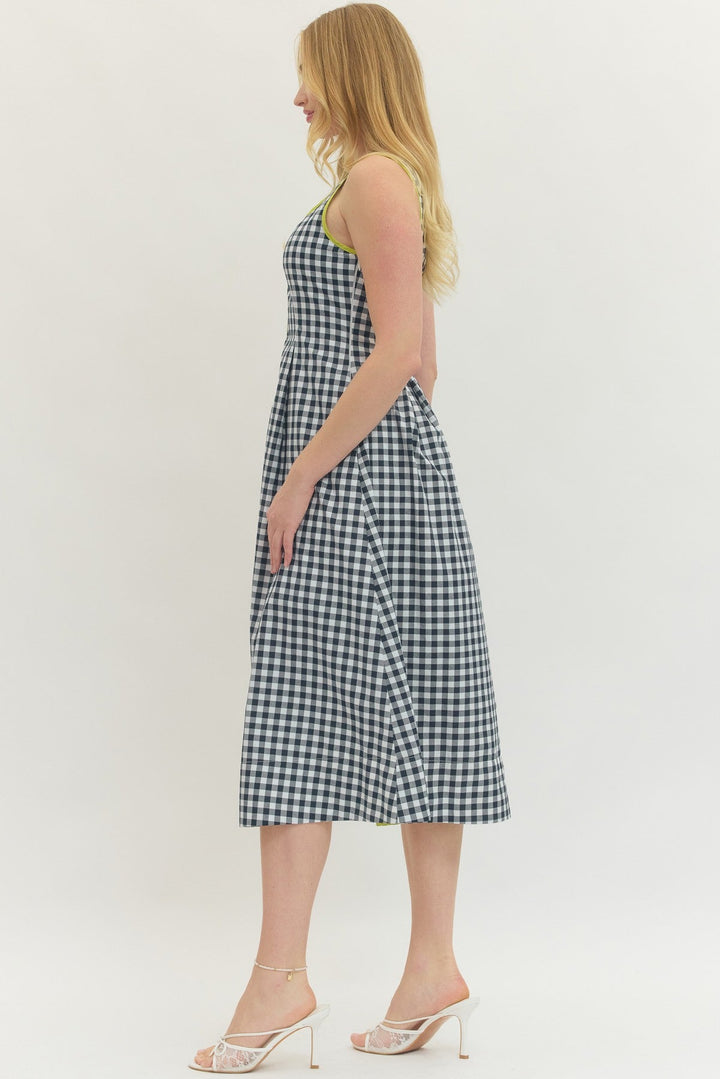 Contrast Trim Gingham Midi Dress - Lush Lemon - Women's Clothing - Entro - 93396001029469