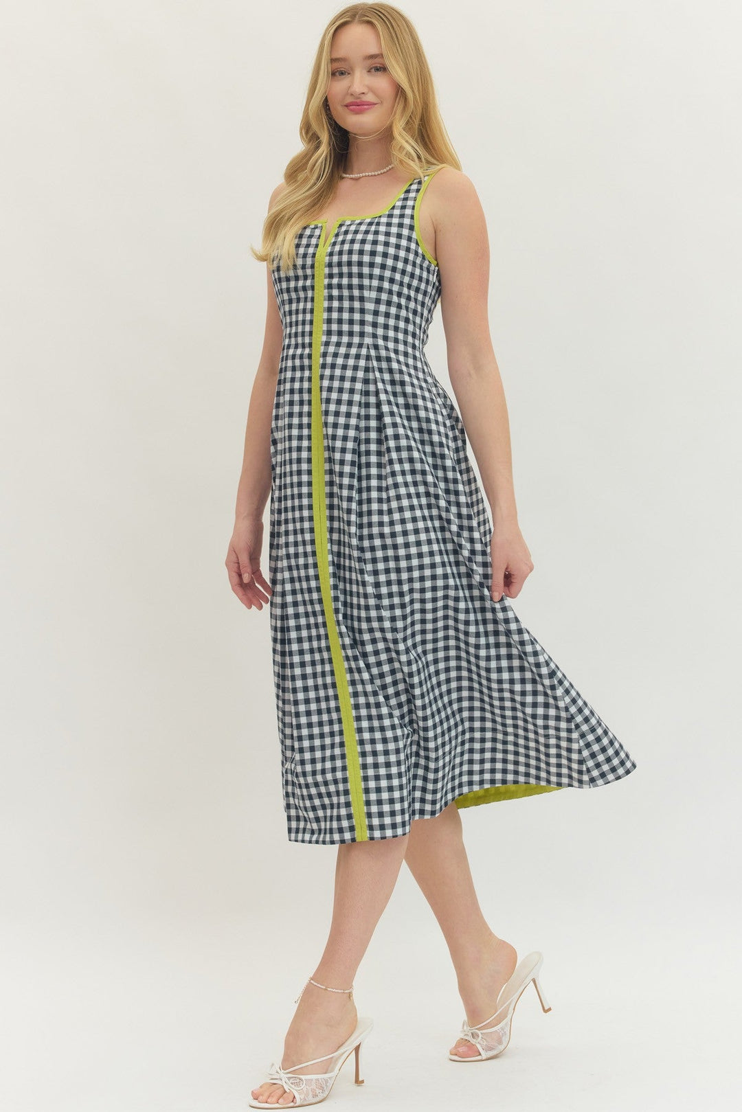 Contrast Trim Gingham Midi Dress - Lush Lemon - Women's Clothing - Entro - 93396001029469