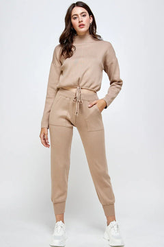 Cozy Chic High Neck Knit Jogger Set - Lush Lemon - Women&