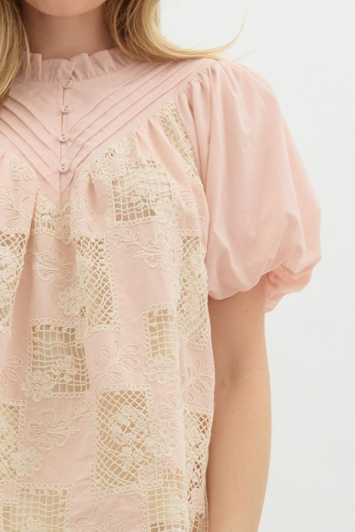Crochet Pintuck Bubble Sleeve Top - Lush Lemon - Women's Clothing - Entro - 42300331072029
