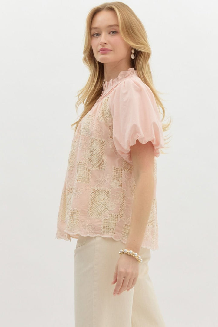 Crochet Pintuck Bubble Sleeve Top - Lush Lemon - Women's Clothing - Entro - 42300331072029