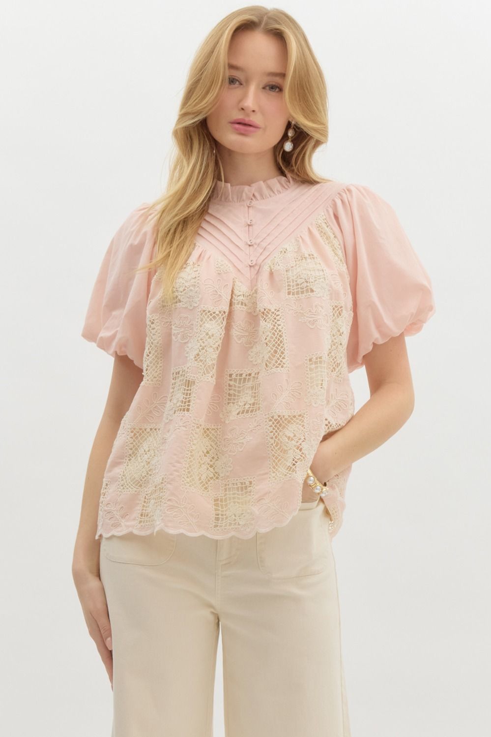 Crochet Pintuck Bubble Sleeve Top - Lush Lemon - Women's Clothing - Entro - 42300331072029