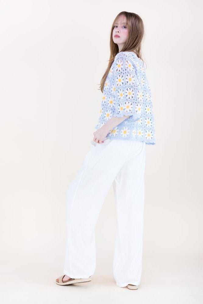 Daisy Crochet Quarter Sleeve Summer Sweater - Lush Lemon - Women's Clothing - Original - 63280691059037