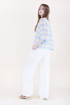 Daisy Crochet Quarter Sleeve Summer Sweater - Lush Lemon - Women&