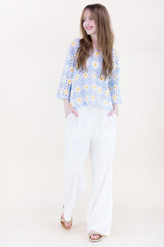Daisy Crochet Quarter Sleeve Summer Sweater - Lush Lemon - Women&