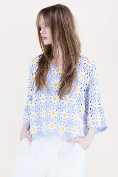 Daisy Crochet Quarter Sleeve Summer Sweater - Lush Lemon - Women&