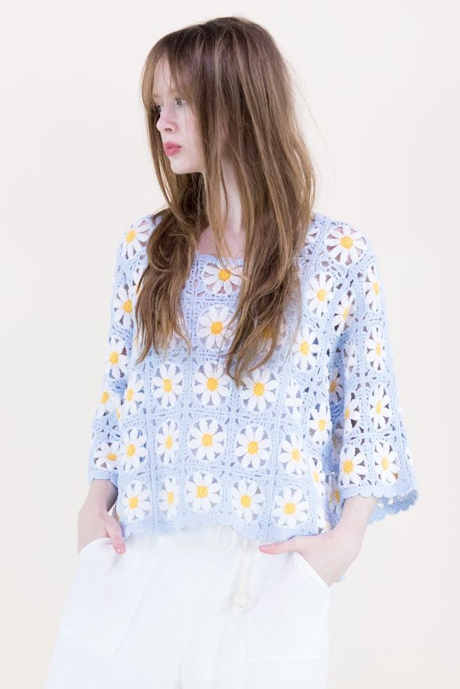 Daisy Crochet Quarter Sleeve Summer Sweater - Lush Lemon - Women's Clothing - Original - 63280691059037