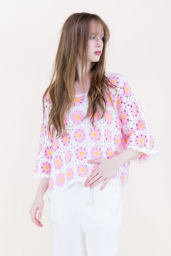 Daisy Crochet Quarter Sleeve Summer Sweater - Lush Lemon - Women&