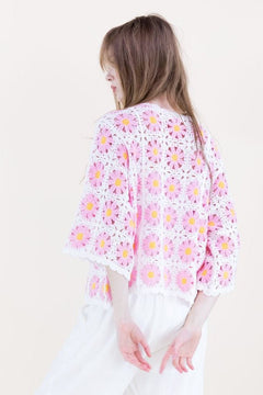 Daisy Crochet Quarter Sleeve Summer Sweater - Lush Lemon - Women&