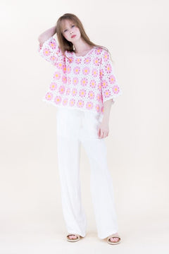 Daisy Crochet Quarter Sleeve Summer Sweater - Lush Lemon - Women&