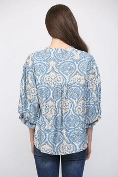 Damask Print Balloon Sleeve Blouse - Lush Lemon - Women&