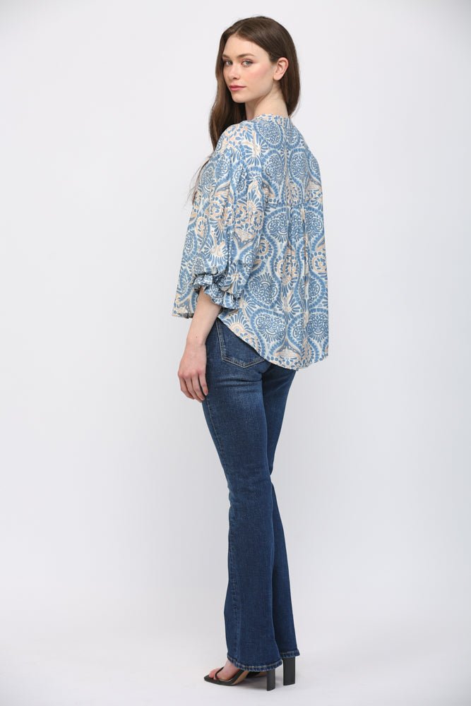 Damask Print Balloon Sleeve Blouse - Lush Lemon - Women's Clothing - Fate By LFD - 62933051024637