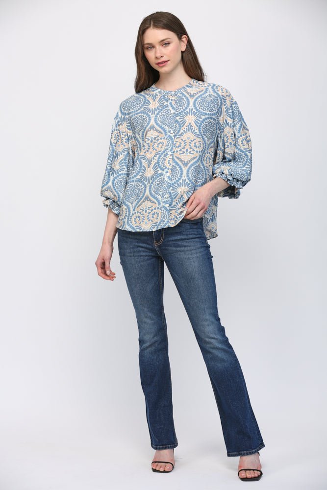 Damask Print Balloon Sleeve Blouse - Lush Lemon - Women's Clothing - Fate By LFD - 62933051024637